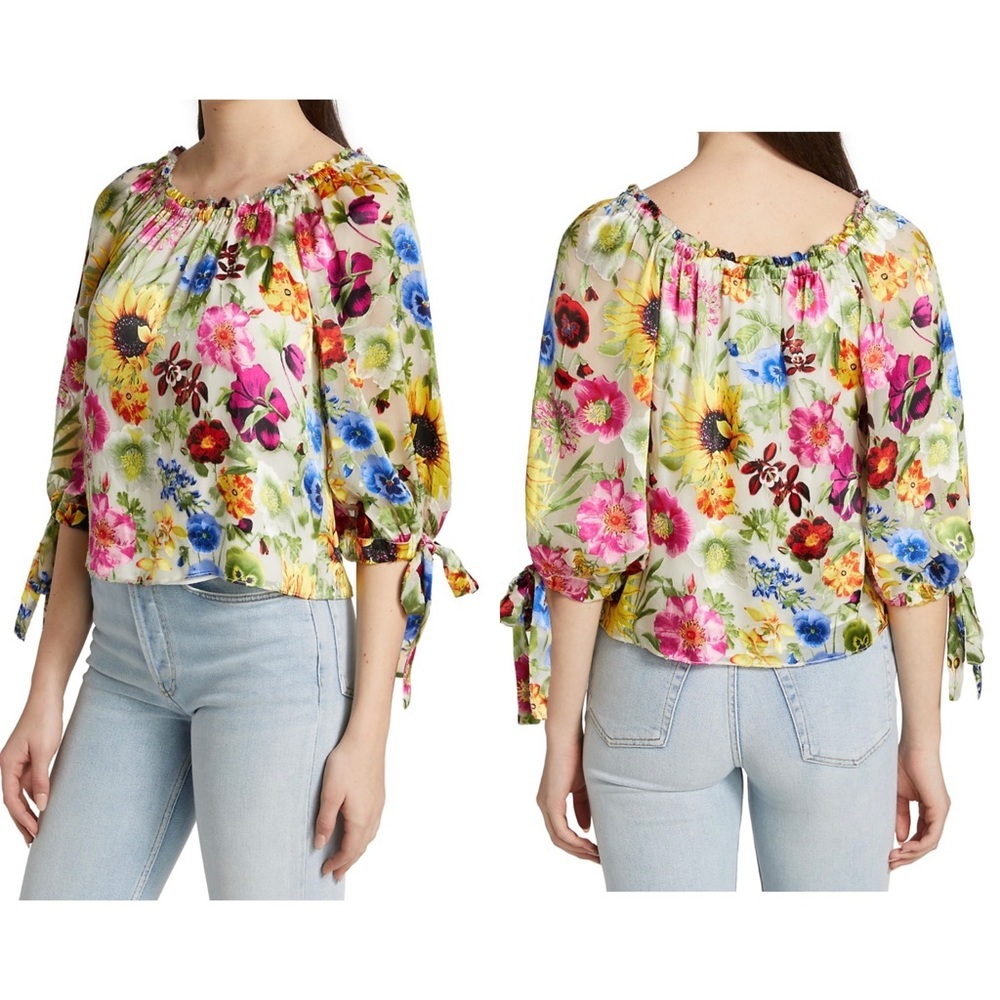 ALICE + OLIVIA Sunday Stroll Floral Off Shoulder Velvet Silk Blouse